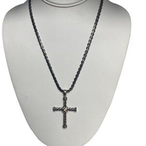 Silver Tone Rope Chain Necklace Chunky Twisted Cross Pendant Rhinestone Accents